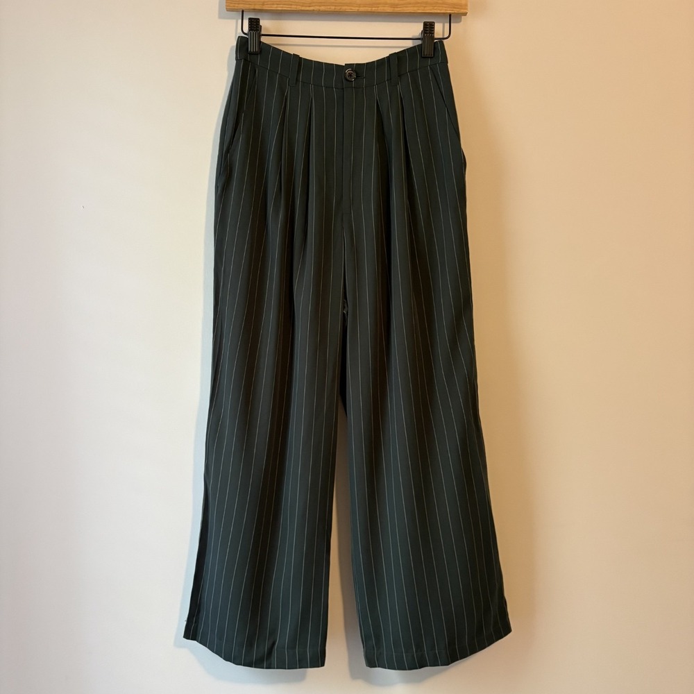 Reformation Pinstripe Wide Leg Pants Green Size 2 Petite Pleated Career Office